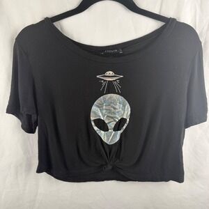 Papaya Cropped Black Silver Alien T-Shirt Knot Tie Waist Medium Indie Goth